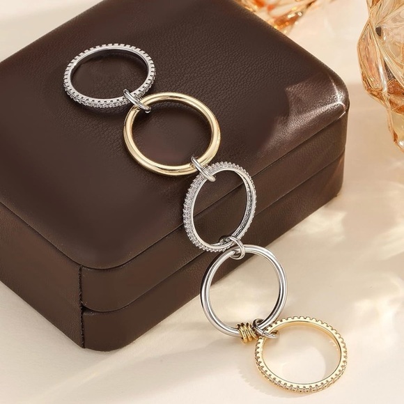 Silver Gold Diamond Stackable Multi Ring Set of 5 Rings • Statement • Fidget Lux - Picture 3 of 4